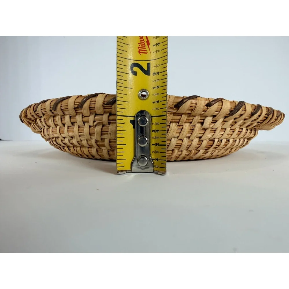 Small Woven Basket Trinket Dish with Handles Natural Raffia Black Vintage papago